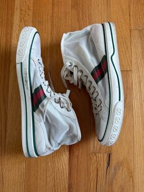 Gucci White High-Top Athletic Sneakers with Green and Red Web Stripe